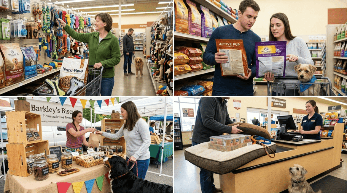 Shopping for dog products and pet supplies at store or online