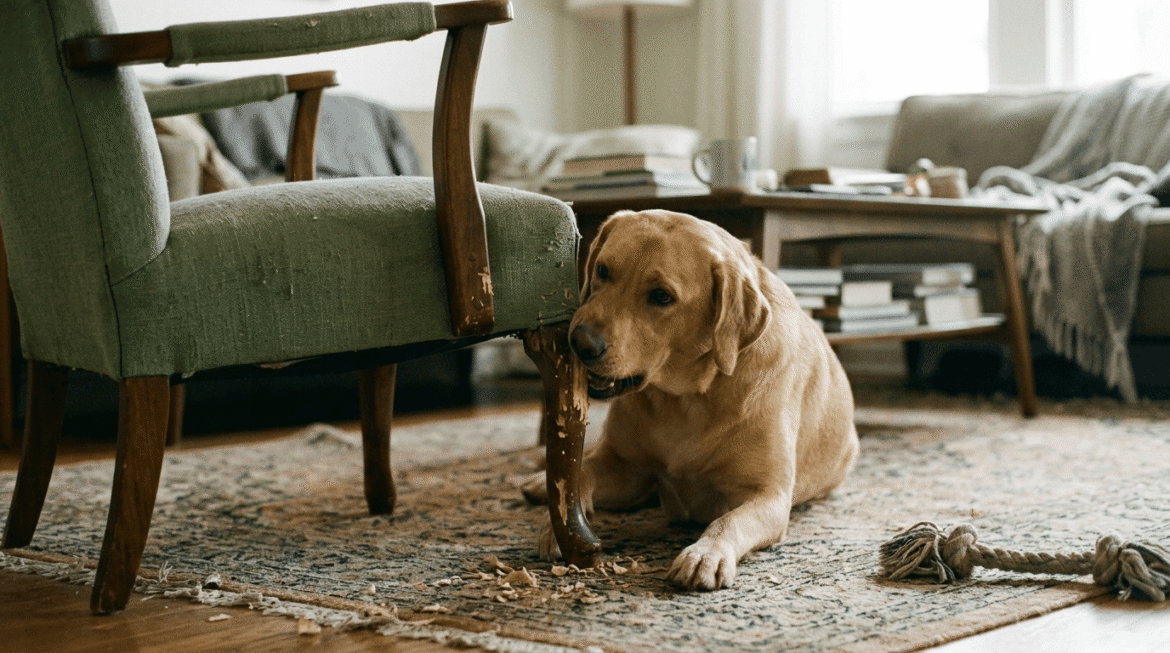 Dog engaging in destructive chewing behavior on household furniture