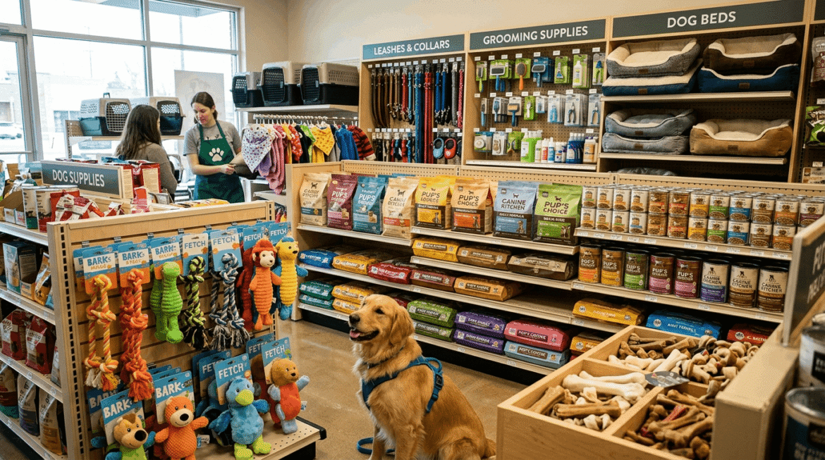 Various dog products and accessories for pet care and training