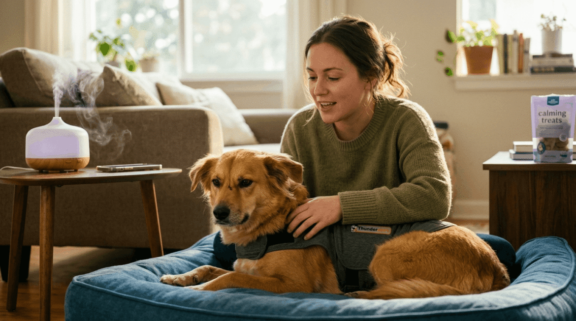 Anxious dog calm techniques showing owner using gentle petting, massage, and calming aids for stress relief
