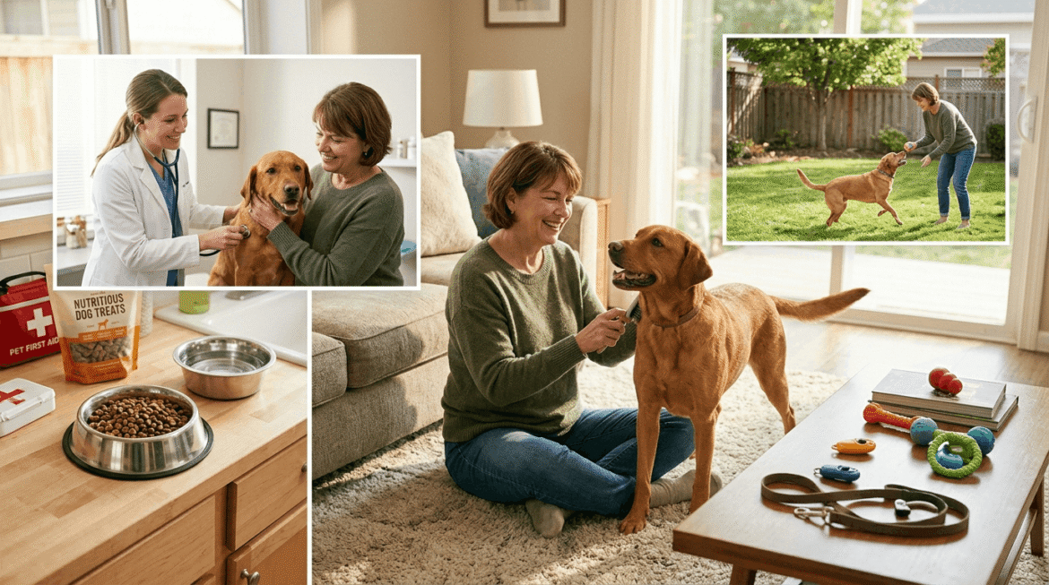 Best dog care showing comprehensive pet wellness including grooming, nutrition, training, and exercise