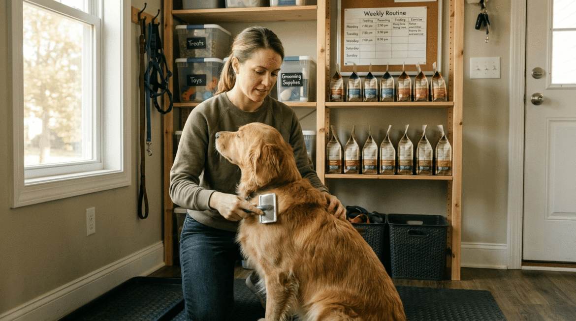 Confident dog care showing responsible informed pet owner with well-organized care routine