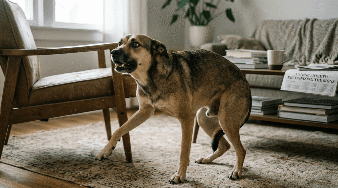Dog anxiety signs showing stressed dog with panting, trembling, and worried body language