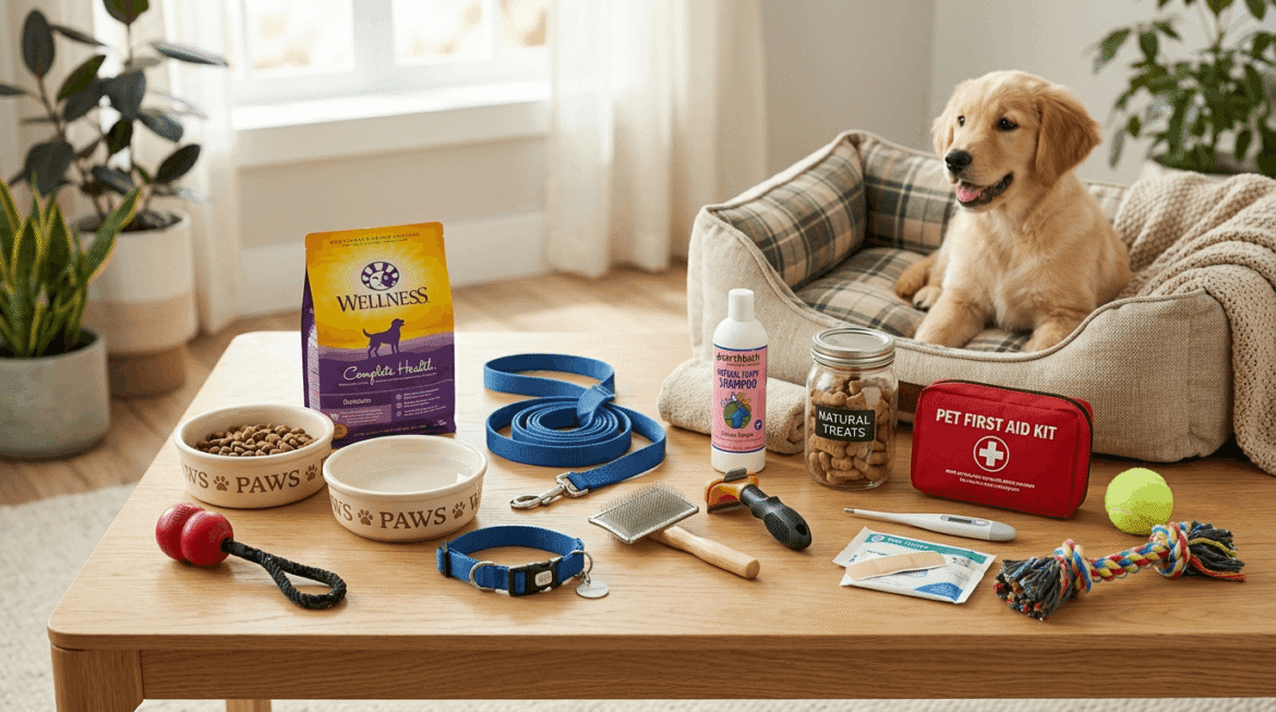 Dog care essentials including food bowls, leash, collar, toys, and grooming supplies