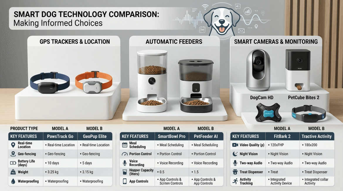 Smart dog product comparison featuring GPS trackers, automatic feeders, and activity monitors