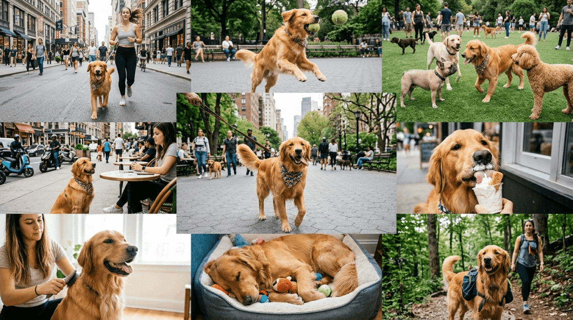 Busy dog lifestyle showing active dog with energetic daily routine and activities