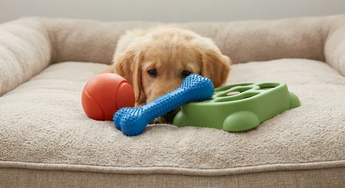 Doggy Stuff Shop: Adorable golden retriever puppy with safe dog toys, including a blue chew bone, orange ball, and green puzzle