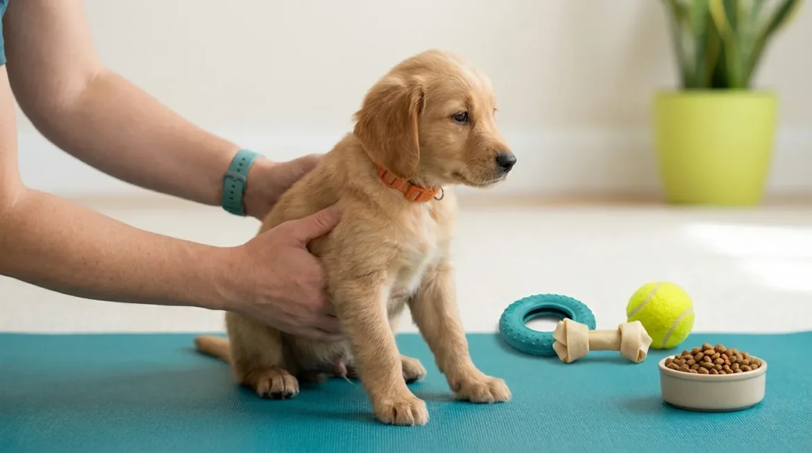 Doggy Stuff Shop: Puppy socialization with a golden retriever puppy, toys, and food. A person's hands gently guide the puppy.