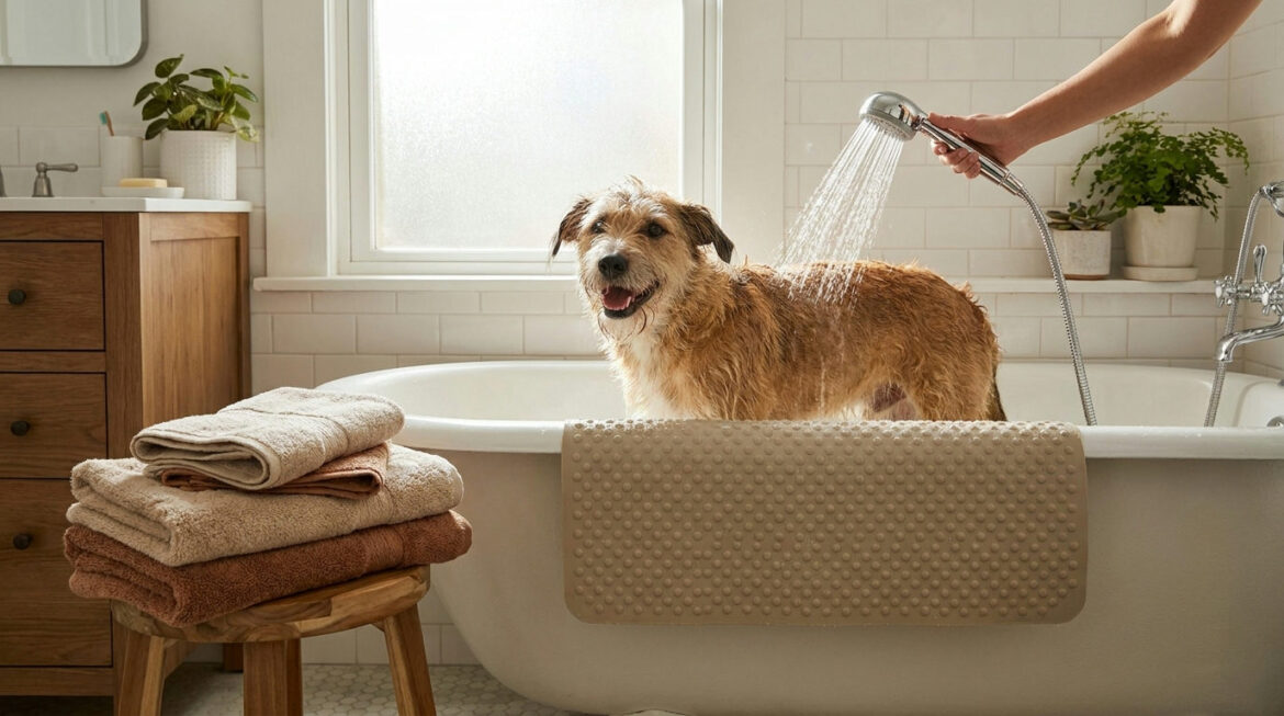 Bathing your dog at home: a calm dog being rinsed in a bathtub on a non-slip mat