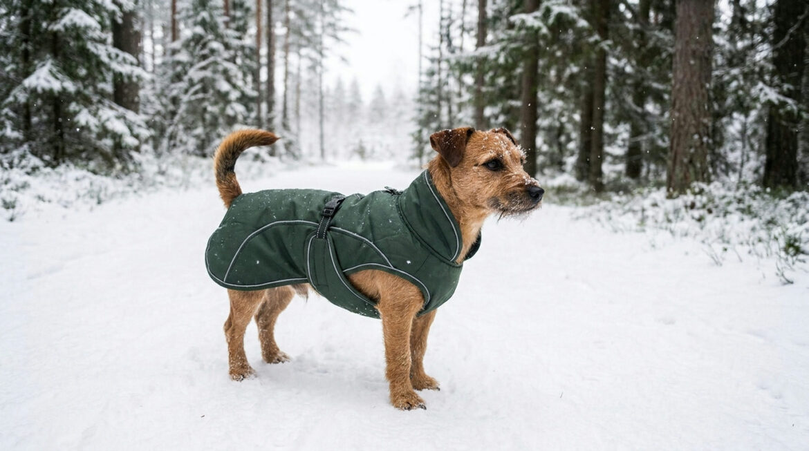 Choosing a dog winter coat: a small dog in a well-fitted padded coat on a snowy path