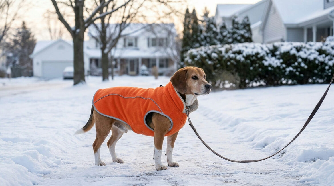 Short-haired dog in a bright orange coat on a snowy sidewalk, illustrating choosing a dog winter coat