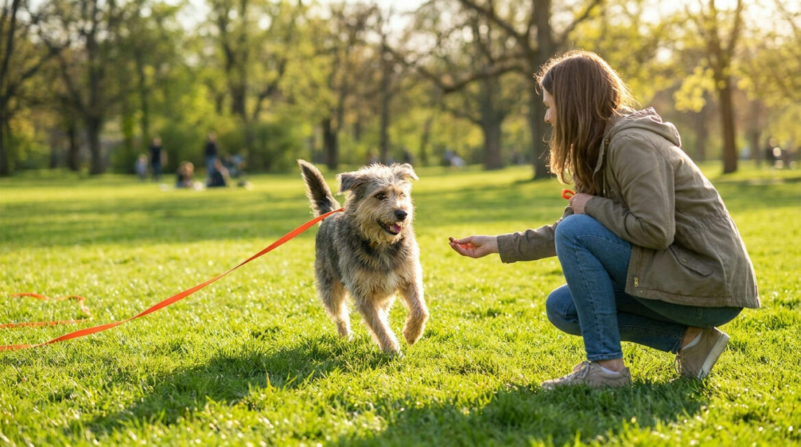 Dog recall training: a dog running back to its owner across a park on a long line