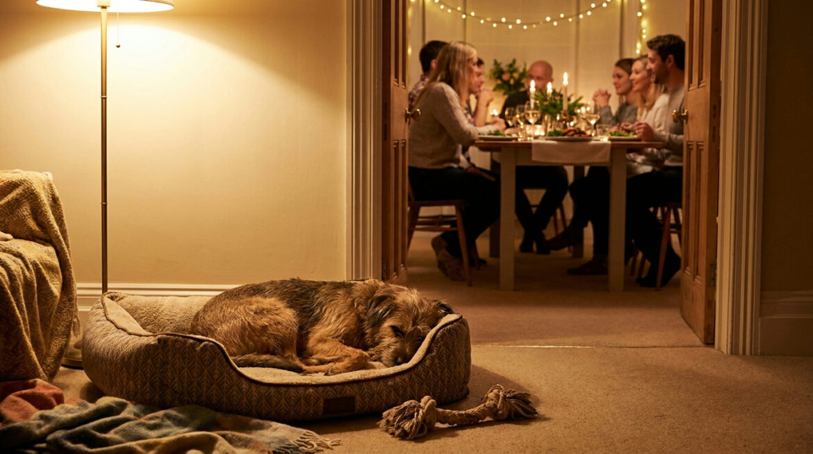 Dogs and holiday guests: a dog resting calmly in a quiet room during a holiday gathering