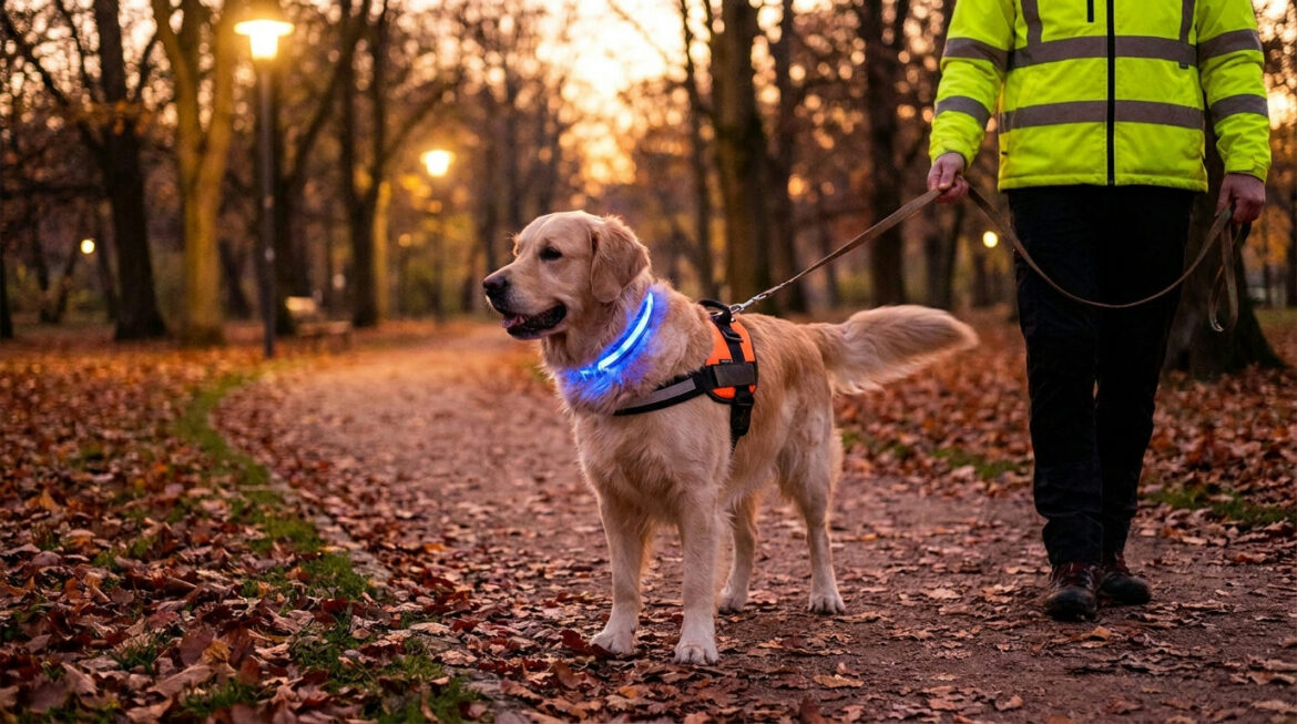 Fall dog walking safety: a dog with a light-up collar on a leafy path at dusk