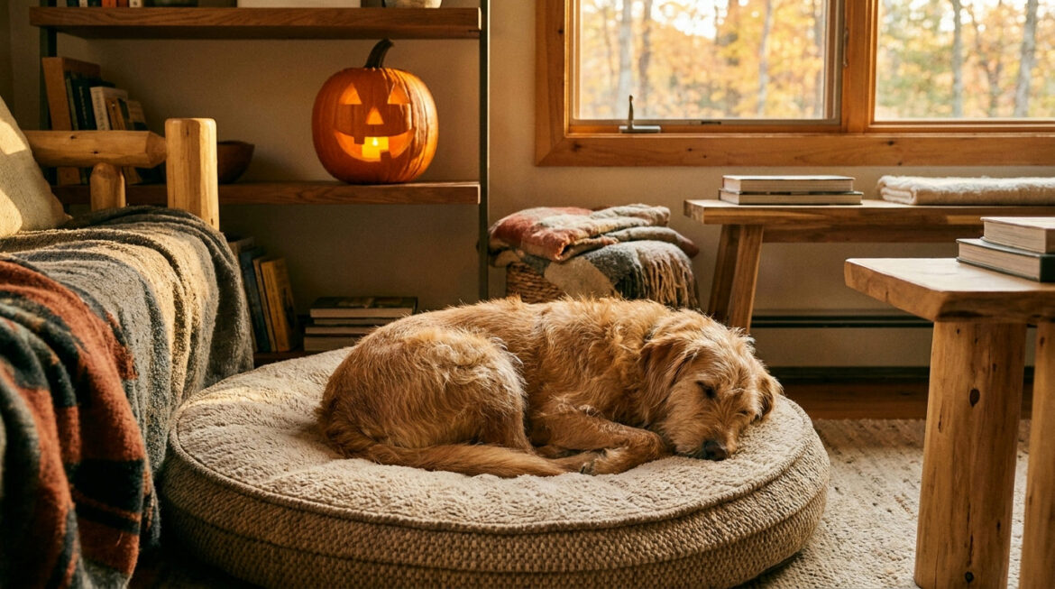 Halloween dog safety tips: a calm dog resting on its bed away from the front door