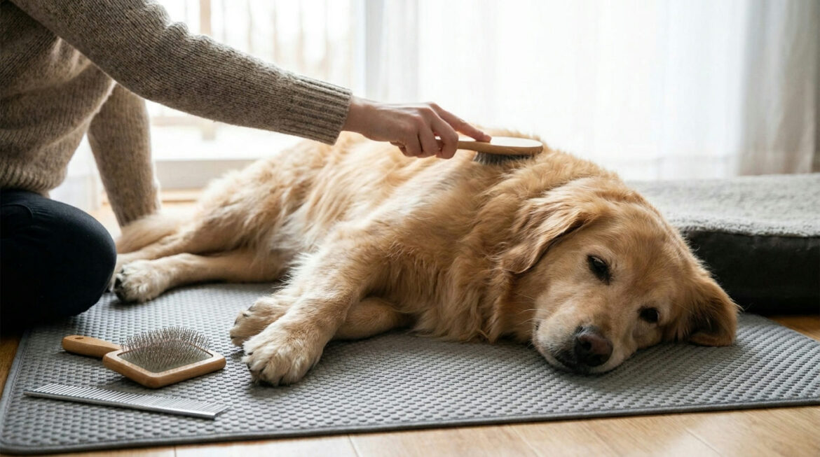 How to brush your dog: an owner gently brushing a relaxed dog on a mat