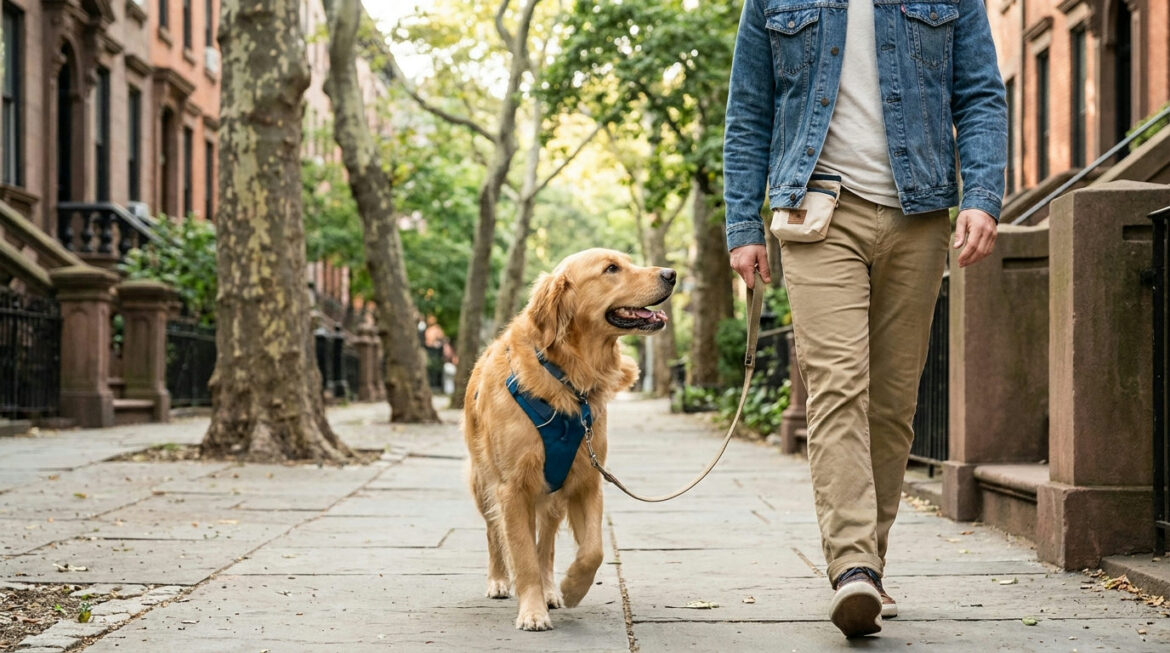 Loose leash walking tips: a dog walking calmly beside its owner on a slack leash