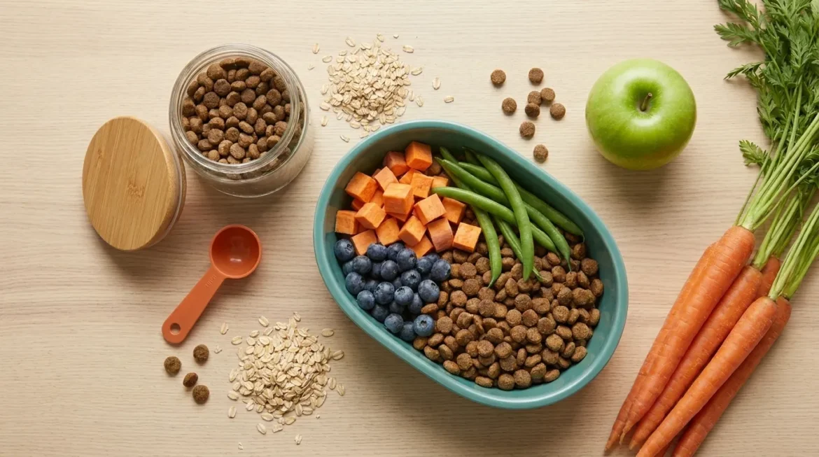 Doggy Stuff Shop: Healthy dog food choices with kibble, fresh vegetables, fruits, and oats for a balanced diet.