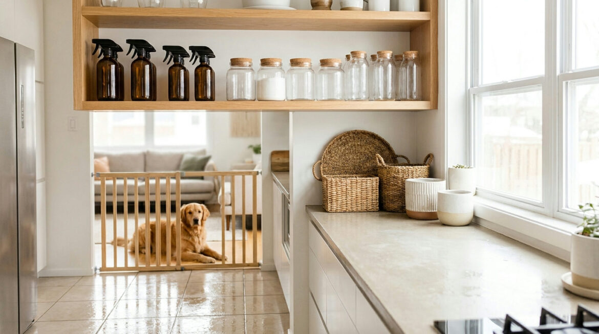 Pet safe cleaning products stored on a high shelf while a dog waits behind a gate