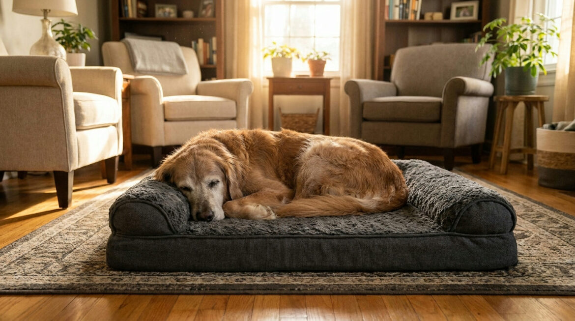 Senior dog comfort at home: an older dog resting on a supportive bed on a non-slip rug