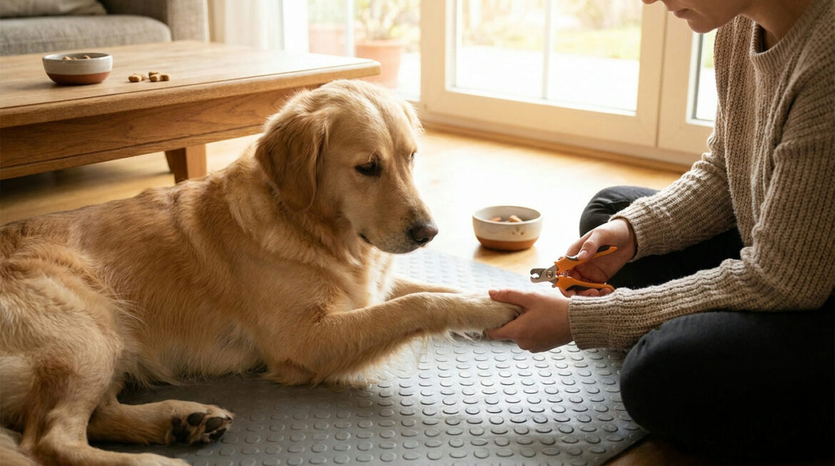 Trimming dog nails at home with clippers while the dog rests calmly on a mat