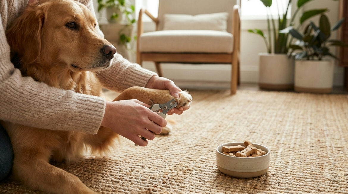 Owner gently holding a calm dog's paw while trimming dog nails at home with clippers