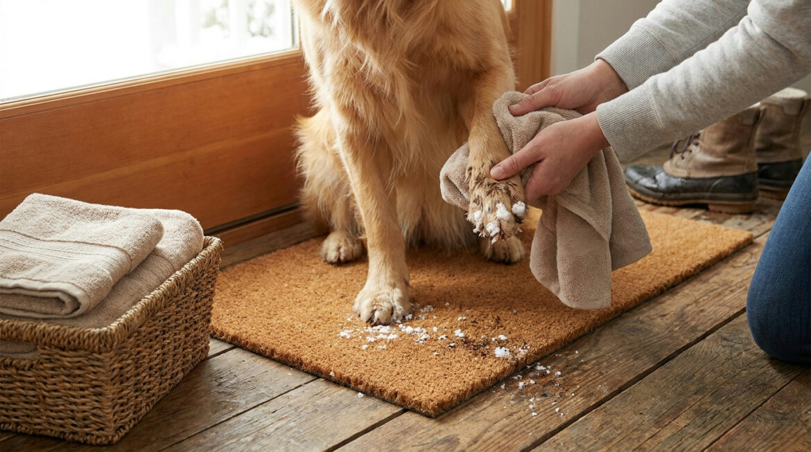 Winter dog paw care: wiping a dog's paws with a towel after a snowy walk