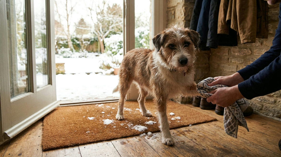 Owner drying a dog's paw with a towel after a snowy walk as part of winter dog paw care